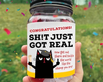 Frasco con frases y afirmaciones divertidas para graduación: 48 mensajes de felicitación ingeniosos y humorísticos. Regalo asequible por menos de 25 €.