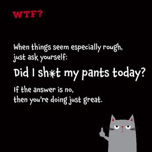 Puede incluir: Un estampado gr&aacute;fico negro con el texto rojo WTF? y texto blanco que dice: When things seem especially rough, just ask yourself: Did I sh*t my pants today? If the answer is no, then you're doing just great. Un gato gris est&aacute; abajo.