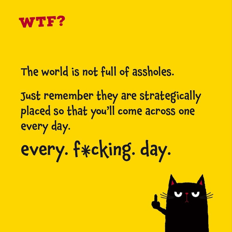 Puede incluir: Una tarjeta de color amarillo brillante con el texto rojo WTF? en la parte superior. Debajo, el texto negro dice: The world is not full of assholes. Just remember they are strategically placed so that you'll come across one every day. every. f*cking. day. Un gato negro en la parte inferior derecha muestra el dedo medio.