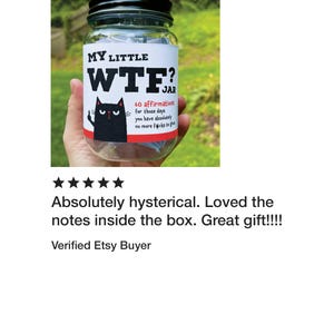 Puede incluir: Un frasco de vidrio transparente con tapa negra y una etiqueta blanca con el texto MY LITTLE WTF? JAR. La etiqueta incluye una ilustraci&oacute;n de un gato negro y el texto 60 affirmations for those days you have absolutely no more f*cks to give.