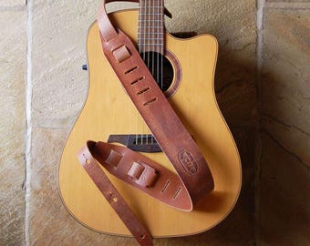 Leather Guitar Strap Twin Tail Brown Classic. Full-Grain Cowhide 2 1/2" Wide Shoulder Strap with Dagger Tails. Handmade for You by FHLeather