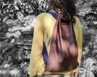 3-Way Knapsack: Eco Soft Leather Backpack/ Shoulder/ Handbag - Chocolate & Navy. Choose colour + size. Custom Orders taken. Handmade for you