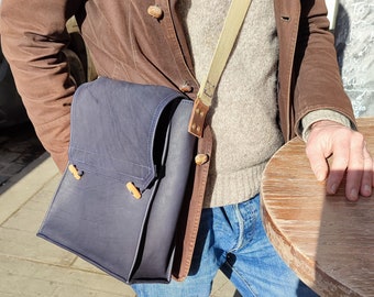 The Dispatch -A4 Portrait Messenger Bag in Eco Leather with Adjustable Cotton Strap. Choose colours. Custom Orders taken. Handmade for you.