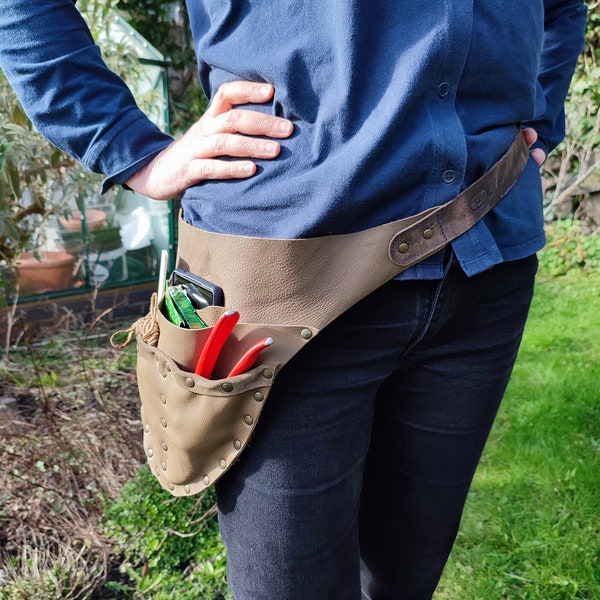 Garden Hip Pouch + Buckle Strap in Olive & Antique Brass Rivets. 80% Factory Off-Cuts Leather. Handmade by FHLeather. Custom orders taken.