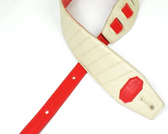Leather Guitar Strap Cream & Red Helix.         3" Wide Embossed Cream Cowhide , Lined with Red Pig Skin, Dagger Tail. Handmade for You