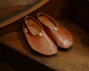 Wigwams - Leather Slippers/House Shoes in Mid Tan and Biscuit. Handmade Single-piece leather shoe by FHLeather. Custom orders taken.