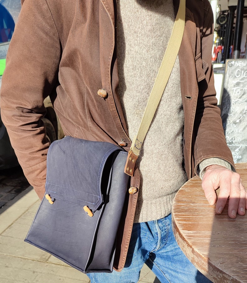 The Dispatch A4 Portrait Messenger Bag in Eco Leather with Adjustable Cotton Strap. Choose colours. Custom Orders taken. Handmade for you. image 1