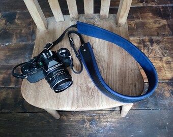 Camera Strap in Black & Blue Extra Soft Padded Leather- fully adjustable. Personalisation available. Choose colour combo. Handmade in UK.