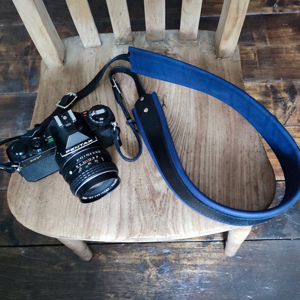 Camera Strap in Black & Blue Extra Soft Padded Leather- fully adjustable. Personalisation available. Choose colour combo. Handmade in UK.