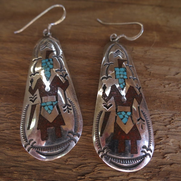 Vintage Native American Sterling Silver and Chopped Turquoise and Coral Inlay Corn Maiden Earrings