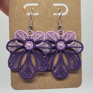EMBROIDERED FLOWER EARRINGS - Embroidered Two-Tone Purple on Stainless Steel and Nickel-free Brass Hook
