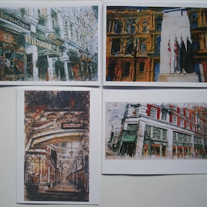May include: Four postcards featuring watercolor paintings of London landmarks. The first postcard shows a building with the text "Hawes & Curtis" and "Botes". The second postcard shows a building with a monument and British flags. The third postcard shows a building with the text "Burlington Arcade". The fourth postcard shows a building with large windows.