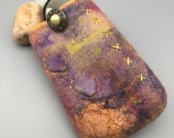 Felted eyeglass/phone case in mauve-green-burg coloration.  merino wool, embroidery, felt button closure