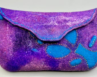 Felted phone/ eyeglass case in purple-turquoise color.  Merino wool and silk, Covered snap closure!