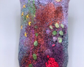 Felted eyeglass/phone case in mauve-green-burg coloration.  merino wool, embroidery, felt button closure