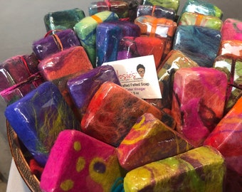 Felted soap, 1 bar, shea butter based with merino wool, scented,WASHCLOTH AND SOAP combined as one!