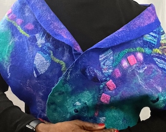 Handcrafted Merino Wool Silk Scarf: Blue Turquoise Nuno Felt Wrap
