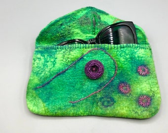 Smartphone, i-phone/eyeglass felt case in merino wool,hand embroidery, button closure