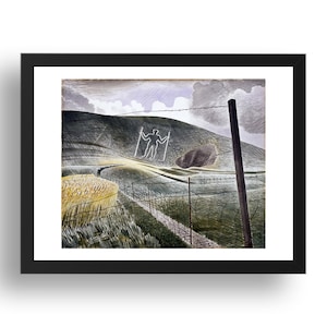 May include: A watercolor painting of a chalk figure of a man on a hillside. The figure is outlined in white and is holding a staff in each hand. The hillside is green and brown, and there is a barbed wire fence in the foreground. The sky is gray and cloudy.