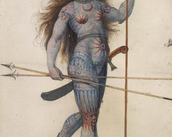 A Pictish woman; nude w stained & painted body, curved sword, spears 1590 by John White,  historic art, High Resolution Digital Download
