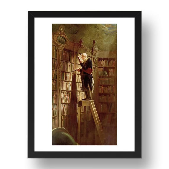 The Bookworm by Carl Spitzweg, (man on ladder in library) vintage art,  reproduction A0/A1/A2/A3/A4/A5 Poster Print