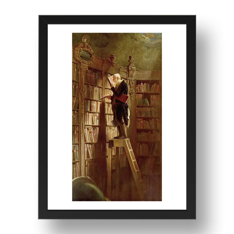 The Bookworm by Carl Spitzweg, (man on ladder in library) vintage art, reproduction A0/A1/A2/A3/A4/A5 Poster Print Black