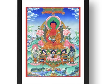 Amitabha Thangka Buddha, lotus position, Nepal, vintage Buddhist art,  framed reproduction