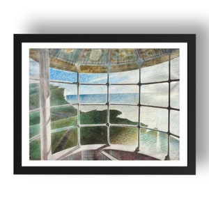 May include: A painting depicting a room with a large window offering a view of a coastline. The window is divided into numerous panes, forming a grid-like pattern. The sea is a light blue, and the sky is a pale blue. The land is a green and brown.