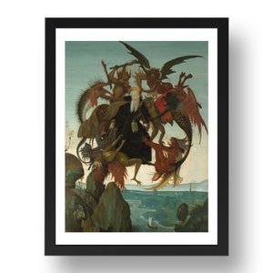 May include: A painting depicting a man being tormented by demons. The man is surrounded by several winged creatures with sharp claws and teeth. The scene is set against a backdrop of a blue sky and a distant cityscape.