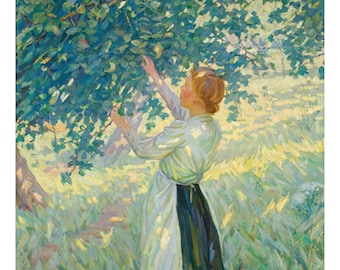 Apple Gatherer, English Beach, Gathering Flowers, Cherry Time, Chintz Sofa & other artworks by Helen Galloway McNicoll, Reproduction Posters
