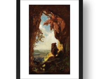 Gnome Watching a Railway Train, 1848 by Carl Spitzweg,  vintage landscape,  framed repro