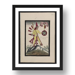 May include: A framed historical illustration depicting a figure in a yellow tunic and tall pointed hat, holding a long staff and a circular shield. The figure features red and white decorative banners, with the handwritten text Idolo particular de Tlaxcala.