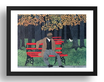 Man op een bankje (ook bekend als The Park Bench) 1946 door Horace Pippin, vintage Afro-Amerikaanse kunst, reproductie A0/A1/A2/A3/A4/A5 posterafdruk