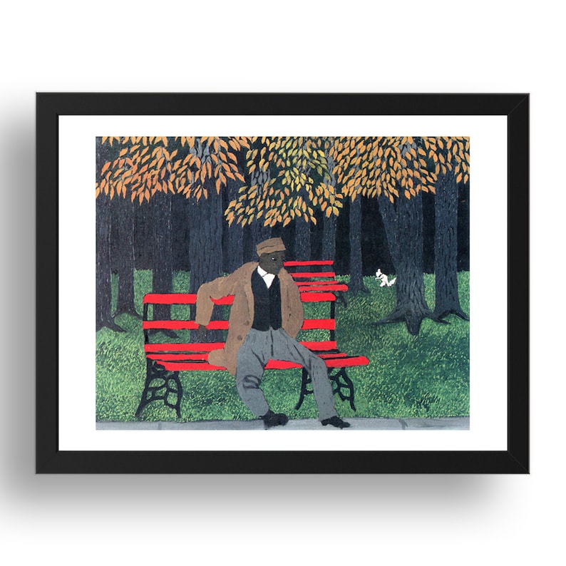 May include: A man wearing a brown coat and a hat sits on a red bench in a park. The trees in the background have yellow and orange leaves. A small white bird is in the grass.