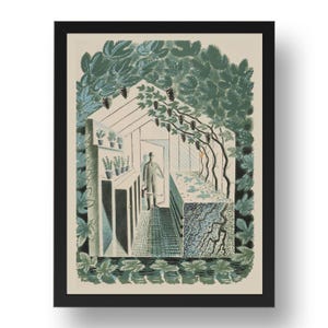 May include: A framed print of a greenhouse scene. The illustration features a person standing in a greenhouse with grape vines and potted plants. The color palette includes shades of green, blue, and beige.