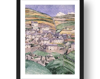 Slate Roofs (Fetges, Rousillon France), 1926 by Scottish artist Charles Rennie Mackintosh,  vintage landscape,  framed repro