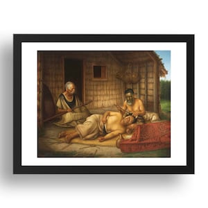 May include: A painting depicting a scene of traditional Maori tattooing. Three men are shown in a hut, with one man lying down while another man tattoos his face. The third man is seated and holding a spear. The scene is set in a hut with a thatched roof and a wooden floor.