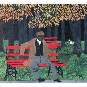 May include: A man wearing a brown coat and a cap sits on a red bench in a park. The bench is in front of a row of trees with green grass and a white squirrel in the background.