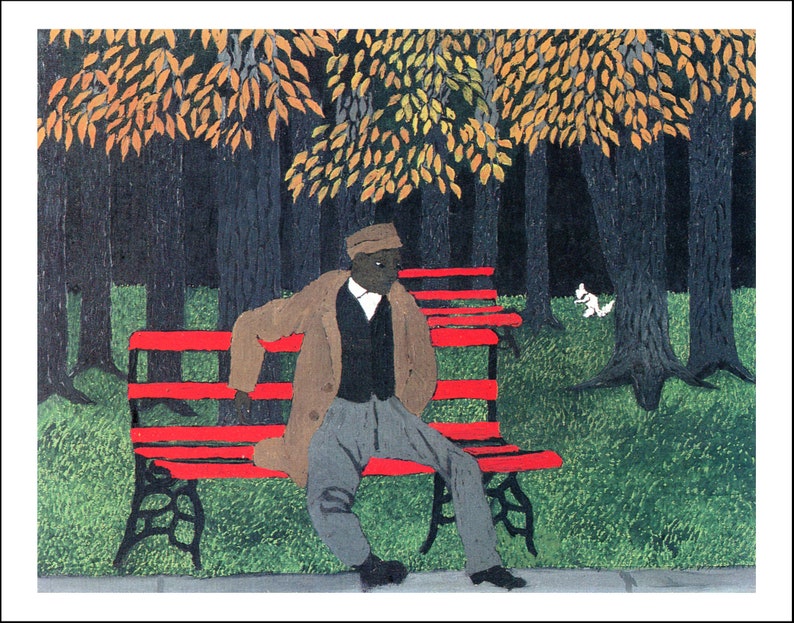 May include: A man wearing a brown coat and a cap sits on a red bench in a park. The bench is in front of a row of trees with green grass and a white squirrel in the background.