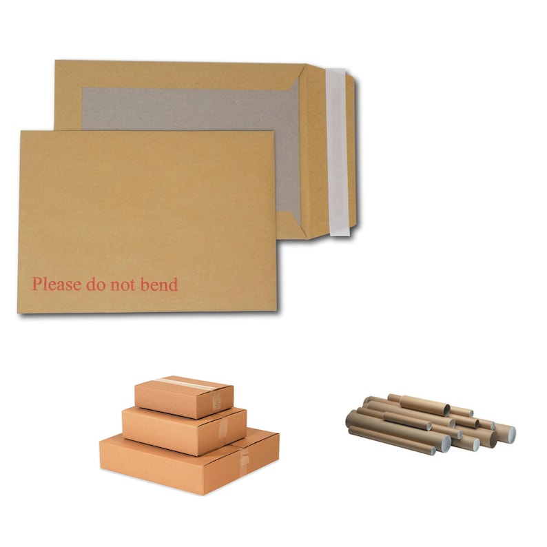 May include: A set of three brown cardboard boxes stacked on top of each other. The top box has a white label. The boxes are on a white background.  A pile of brown cardboard tubes are also shown.  The image includes a brown cardboard envelope with the text "Please do not bend" printed in red.
