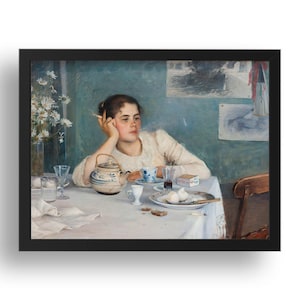 May include: Framed artwork depicting a woman at a table, smoking and deep in thought. A teapot, teacup, and food items are on the table. A vase of white flowers is on the left. The background is a light blue wall.