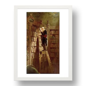 The Bookworm by Carl Spitzweg, (man on ladder in library) vintage art, reproduction A0/A1/A2/A3/A4/A5 Poster Print White