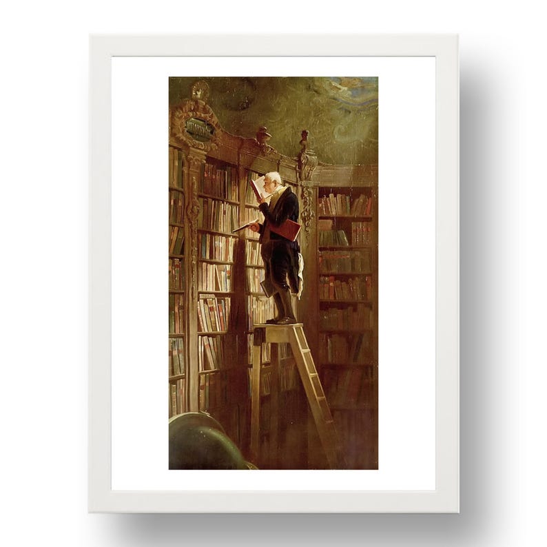 The Bookworm by Carl Spitzweg, (man on ladder in library) vintage art, reproduction A0/A1/A2/A3/A4/A5 Poster Print White
