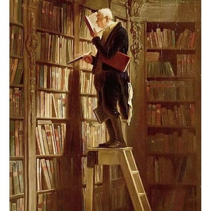 May include: A man in a dark suit and white cravat stands on a wooden stepladder, reaching for a book on a high shelf in a library. The shelves are filled with books, and the room is dimly lit.