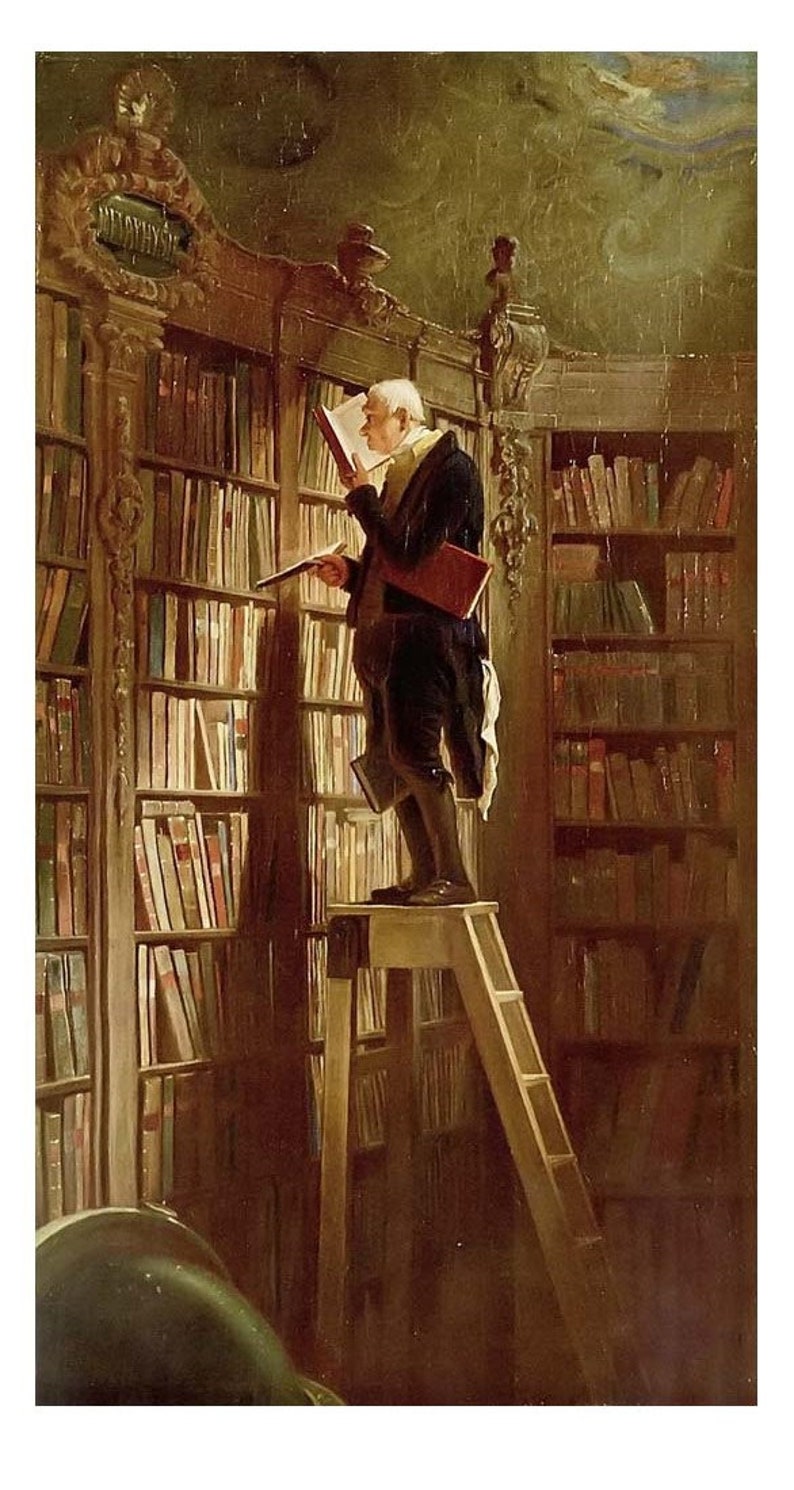 May include: A man in a dark suit and white cravat stands on a wooden stepladder, reaching for a book on a high shelf in a library. The shelves are filled with books, and the room is dimly lit.