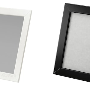 May include: Two picture frames, one white and one black, both with a simple design and a matte finish. The frames are standing upright on a white background.