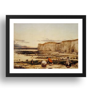 Puede incluir: Una pintura que representa a un grupo de personas caminando por una playa con acantilados blancos en el fondo. El cielo es de un azul pálido con algunas nubes. El agua es de un azul claro y la arena es de un marrón claro.