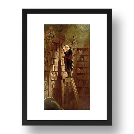 The Bookworm by Carl Spitzweg, man on ladder in library vintage