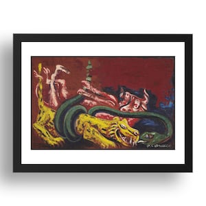 Op de afbeelding: Een schilderij dat een geel en groen wezen afbeeldt met een slang eromheen, dat een rood en roze wezen met hoorns aanvalt. De achtergrond is donkerrood.