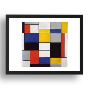 May include: A framed print featuring a grid of rectangular and square blocks in primary colours including red, yellow, and blue, interspersed with white, black, and grey sections, all separated by thick black lines within a simple black frame.